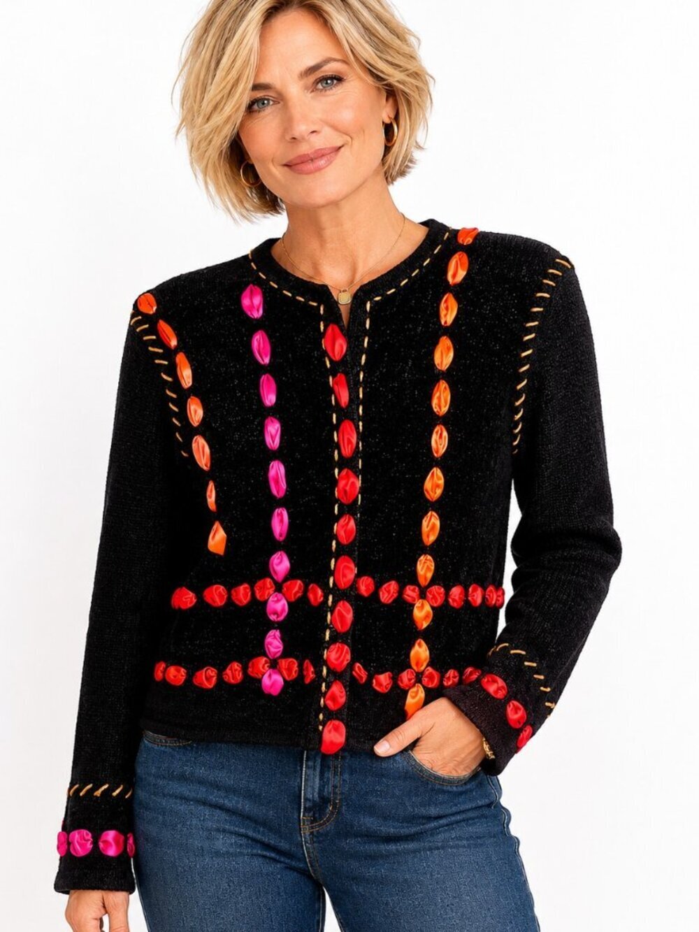 Vintage Susan Bristol Hand-Embroidered Ribbon Metallic Trim Cardigan